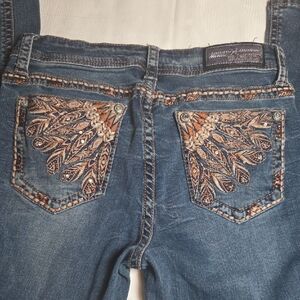 Grace in LA Blue Jeans with Brown Embroidery